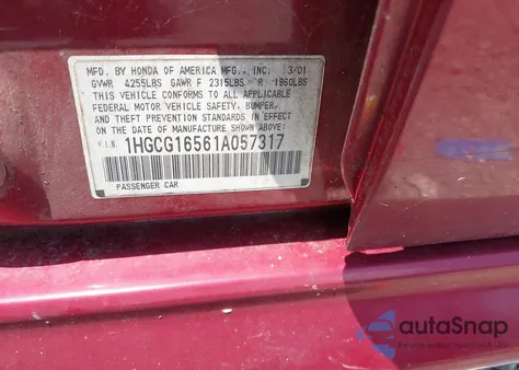 2001 Honda Accord 3.0 Ex из США, поврежденный, VIN 1HGCG16561A057317